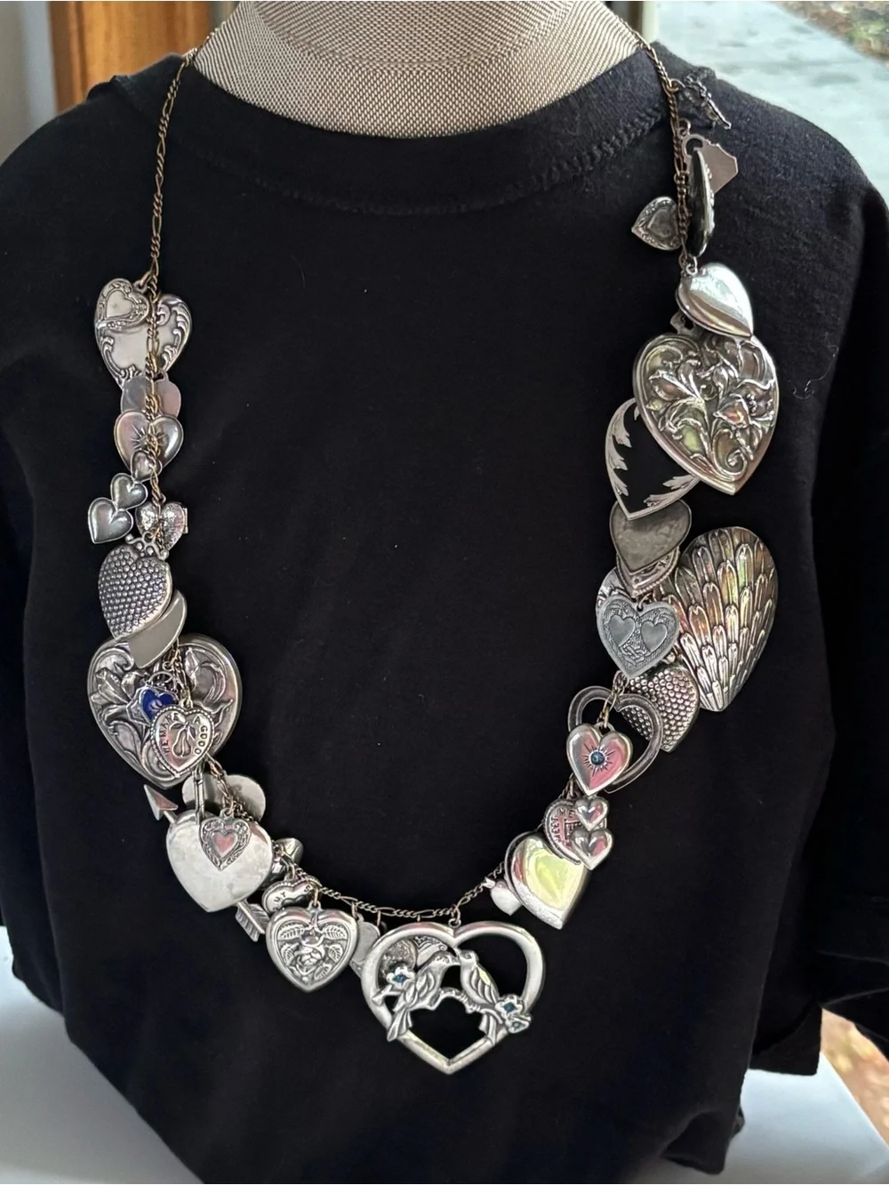 Vintage Pididdly Links Silver Heart Charm Locket Statement Necklace 24”